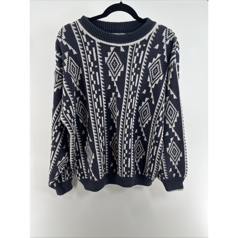 Vintage JJ Cochran Southwestern Aztec Sweater Blue 100% Cotton Crewneck USA Sz M